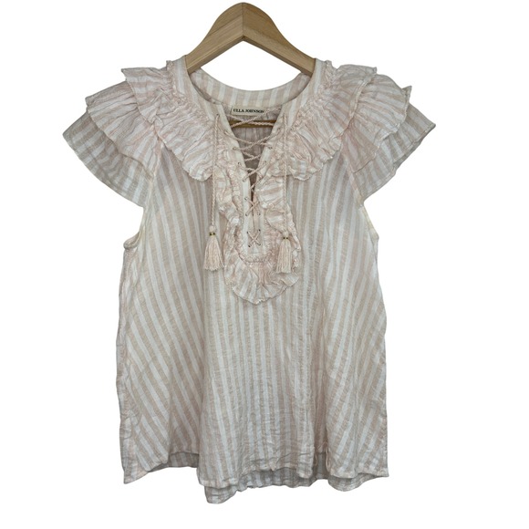 Ulla Johnson Women's 2 Striped Ruffle Lace Up Tassel Boho Blouse Top Cotton - Picture 1 of 4